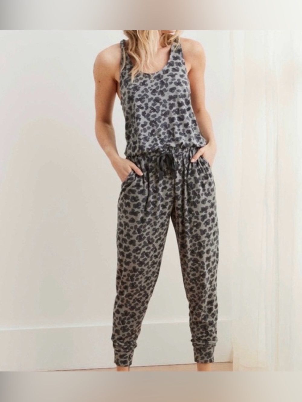 AERIE Grey Leopard-Print Racerback Jogger Jumpsuit Pockets NWT M